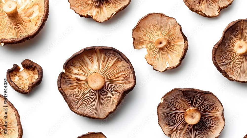 Poster overhead shot of various shiitake mushrooms on a white background. the mushrooms are arranged in a v