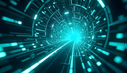 Abstract blue and green digital tunnel with glowing lines and geometric shapes, creating a futuristic and technological atmosphere, with a sense of depth and speed
