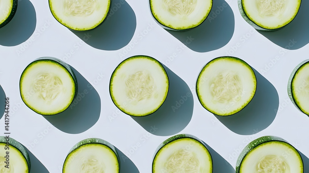 Poster A vibrant flat lay showcasing numerous zucchini slices arranged in a repeating pattern against a light blue backdrop.