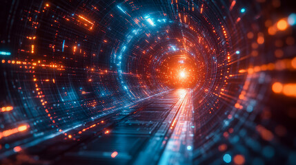 Obraz premium Digital tunnel with glowing lights in blue and orange hues 