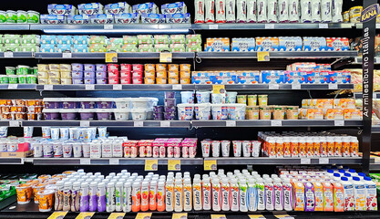 Latvia, Riga, April, 15, 2025 - Delicious and healthy bio dairy products on shelf of supermarket....