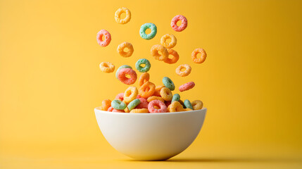 Colorful cereal loops, falling into a white bowl, Yellow background, Cheerios, Fruit Loops, Breakfast food