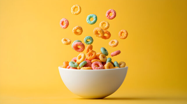 Colorful cereal loops, falling into a white bowl, Yellow background, Cheerios, Fruit Loops, Breakfast food