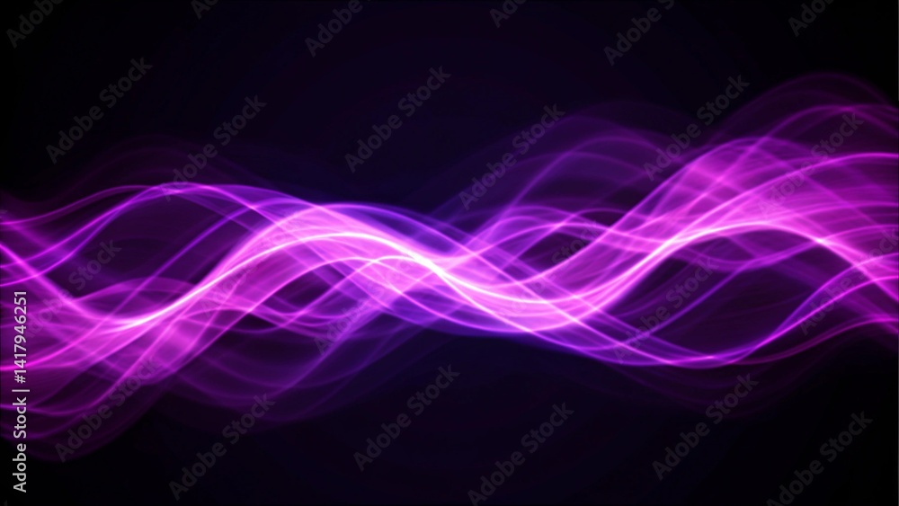 Poster Violet vibes abstract purple light waves on dark background, futuristic energy motion illustration with glowing neon curves and flowing lines creating digital light effect in space