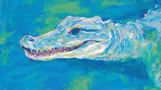 Painted alligator glides in vibrant turquoise water