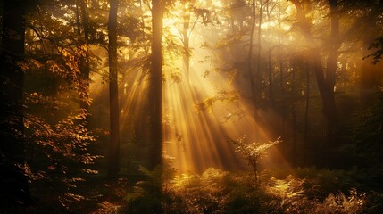 Fototapeta premium Sunlight filtering through trees creates a warm atmosphere in the forest