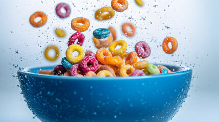 Colorful fruit loops cereal, falling into a blue bowl, White background
