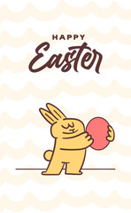 happy easter vertical card with easter bunny holding egg. Cute quirky handmade cartoon illustration.