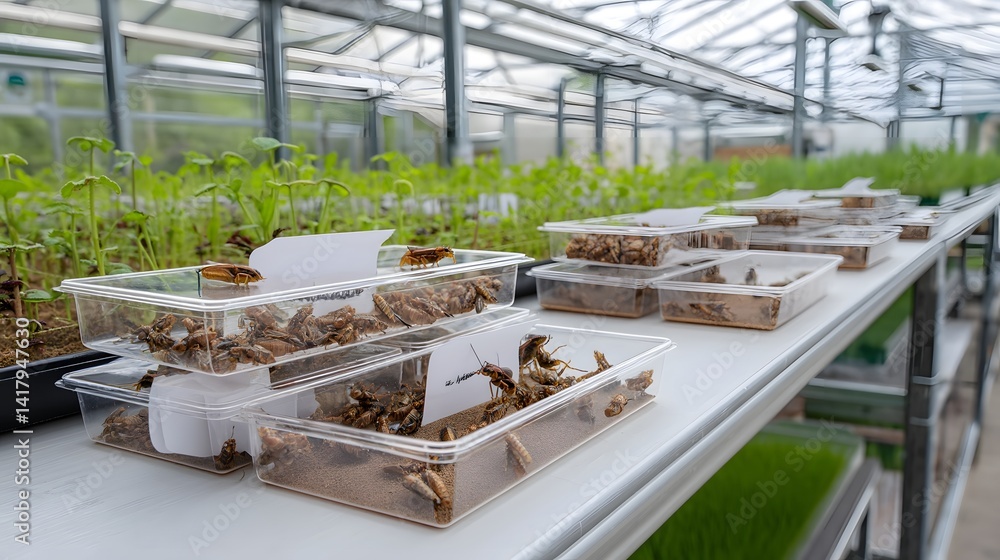 Poster modern insect farm utilizing sustainable practices to cultivate a variety of edible insects in a con