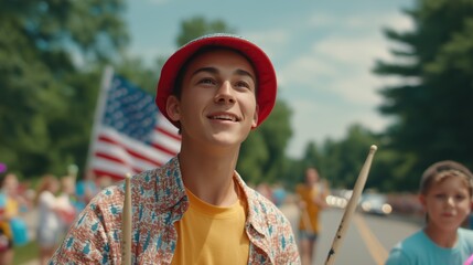Fototapeta premium Close-up of teenage boy holding drumsticks during American Independence Day celebration. Generative AI
