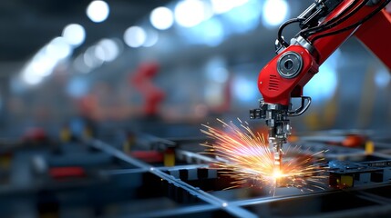 Robotic arm precisely welding a steel frame in an advanced manufacturing facility creating dramatic sparks and a futuristic industrial scene