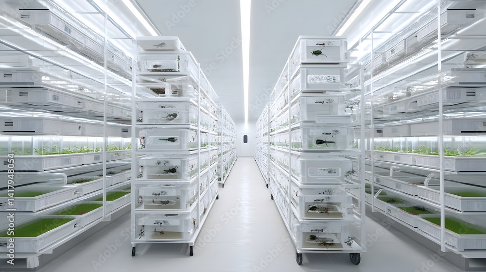 Poster Rows of stacked trays in a highly automated controlled environment vertical farming setup designed for efficient large scale insect breeding