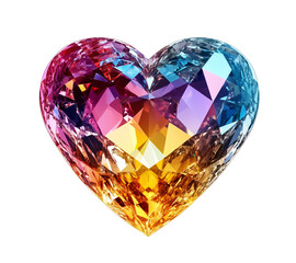 Multicolored heart-shaped gemstone with brilliant facets on transparent background