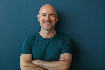 Man with bald hair, green shirt, holding coffee cup, standing beside large bookstore window with stack of books. Street scene with people passing by.