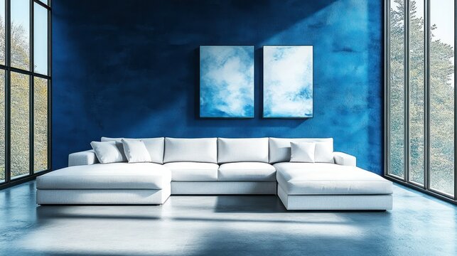 Modern, stylish living room with a sectional sofa and blue walls - Powered by Adobe