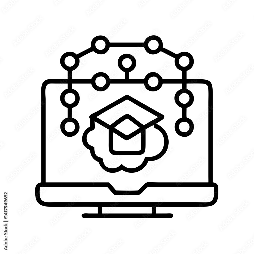 Poster online education learning with graduation cap on computer screen and network connection concept desi