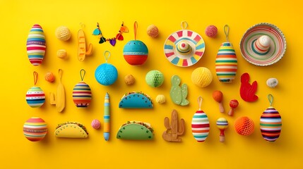 Obraz premium Vibrant traditional Mexican and party items like sombreros maracas tacos and piatas laid out on a bright yellow background for a festive Cinco de Mayo