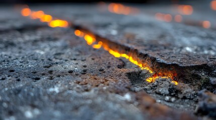 view of the intense heat and textures created during the welding process with a bright glowing seam of molten metal fusing the materials together