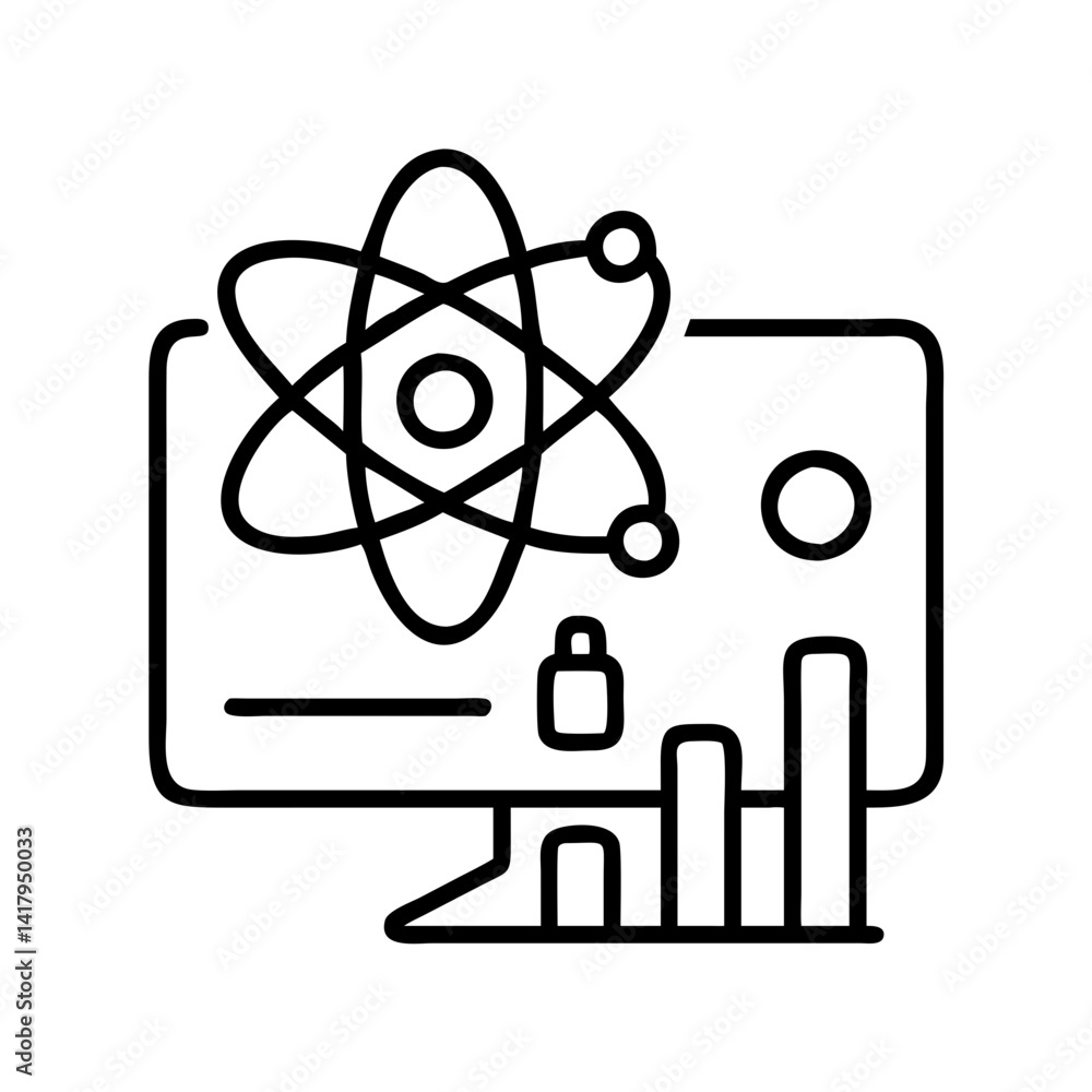 Poster atom science data analysis on computer screen with bar graph and security lock icon illustration
