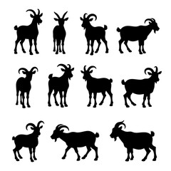 Set of different goats silhouettes isolated on white background