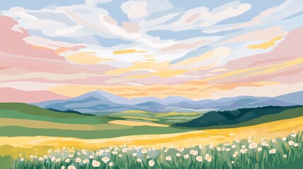 Obraz premium Pastel sunset paints a serene floral meadow beneath distant blue mountains