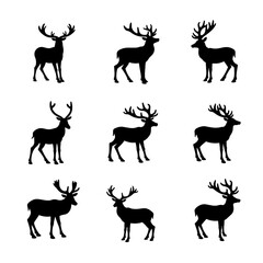 Set of deer silhouettes, set of deer silhouettes, reindeer black silhouette on transparent background