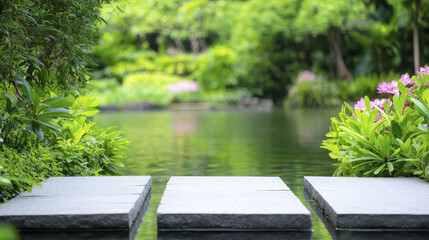 Fototapeta premium serene garden scene featuring stepping stones over tranquil pond surrounded by lush greenery and vibrant flowers, creating peaceful atmosphere