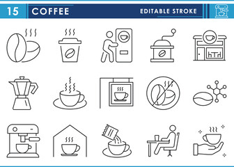 A set of line icons related to Coffee. Drink, machine, cafe, sugar, grind, caffeine, and so on. Vector editable stroke.
