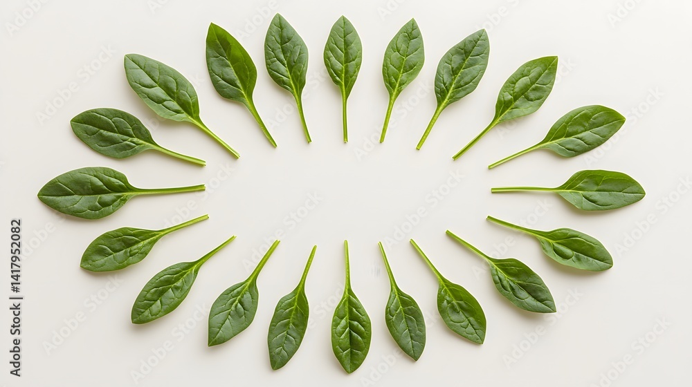 Poster fresh spinach leaves arranged in a circular pattern on a white background. a minimalist food image p
