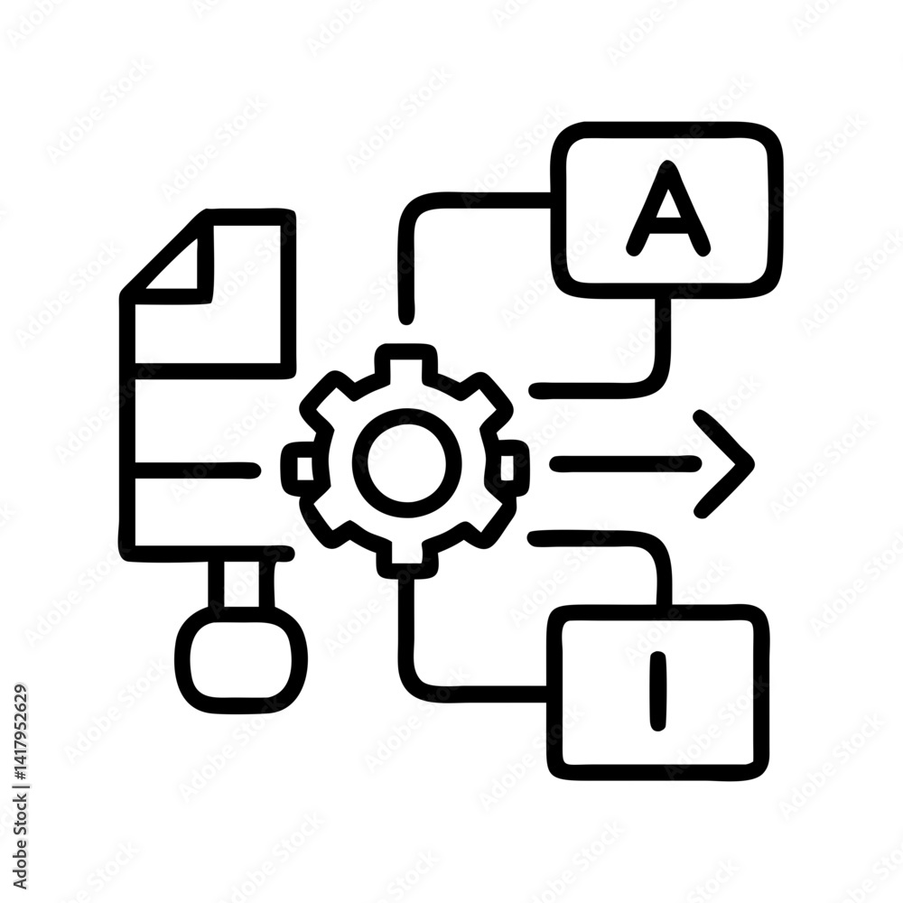 Poster data processing workflow automation diagram with gear icon and arrow for machine learning task flow