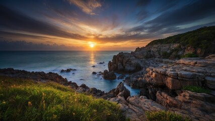 Serene Sunset over Coastal Rocks
