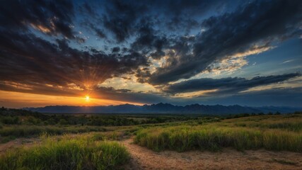 Obraz premium Majestic Sunset over the Plains, Dramatic Cloudscape and Mountain Silhouette