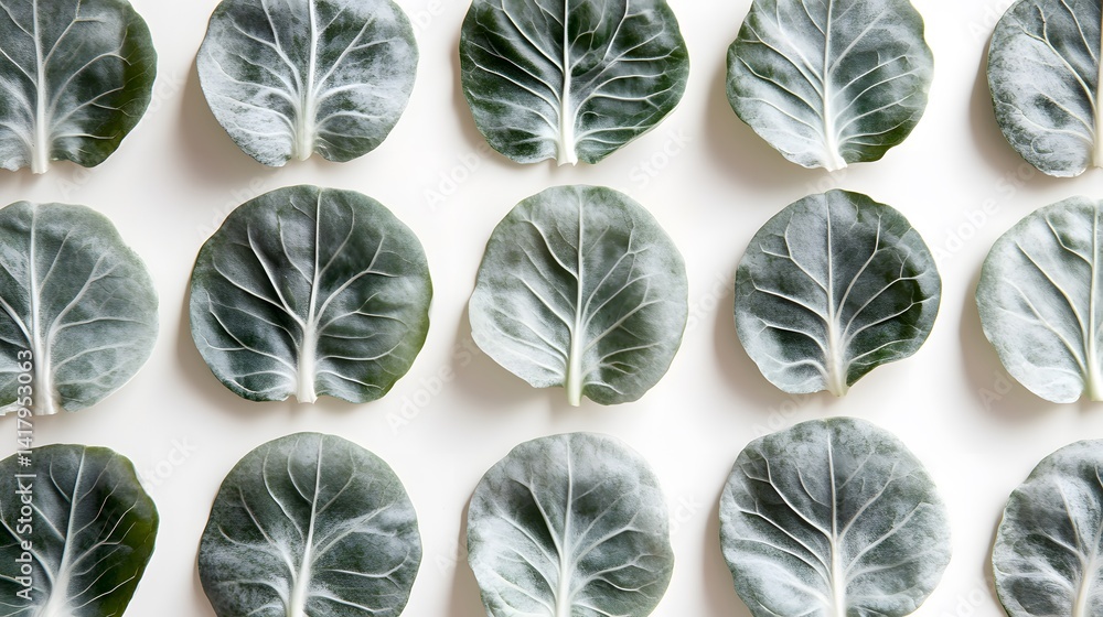 Poster flatlay of dark green cabbage leaves arranged in a grid pattern on a white background. minimalist an