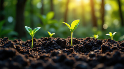 Small green sprouting seeds in rich black soil under sunlight.
