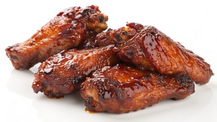 Close-up of glazed chicken wings, a delicious and flavorful meal on a white surface.