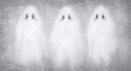 Spooky Halloween Ghosts Three Ethereal Apparitions on Gray Background