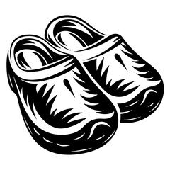 Stylized monochrome image of two garden clogs or mules with decorative elements