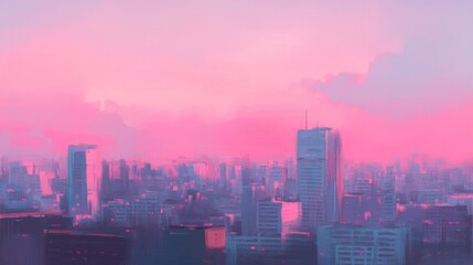 Fototapeta premium Pink Cityscape Dream Skyscrapers pierce a cotton candy sky painted with vibrant dreamy strokes