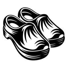 Black and white illustration of traditional wooden clogs showing folk style