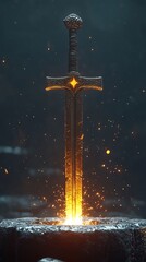 Fototapeta premium Dramatic illuminated sword standing atop a dark anvil with a mystic aura and sparks