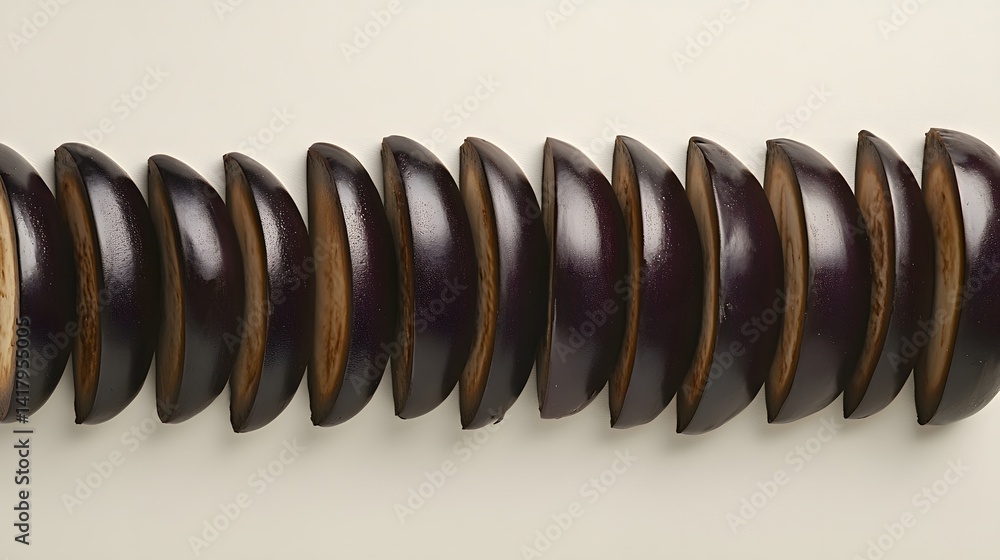 Poster a row of perfectly sliced eggplant pieces arranged on a light beige background. the slices are dark 