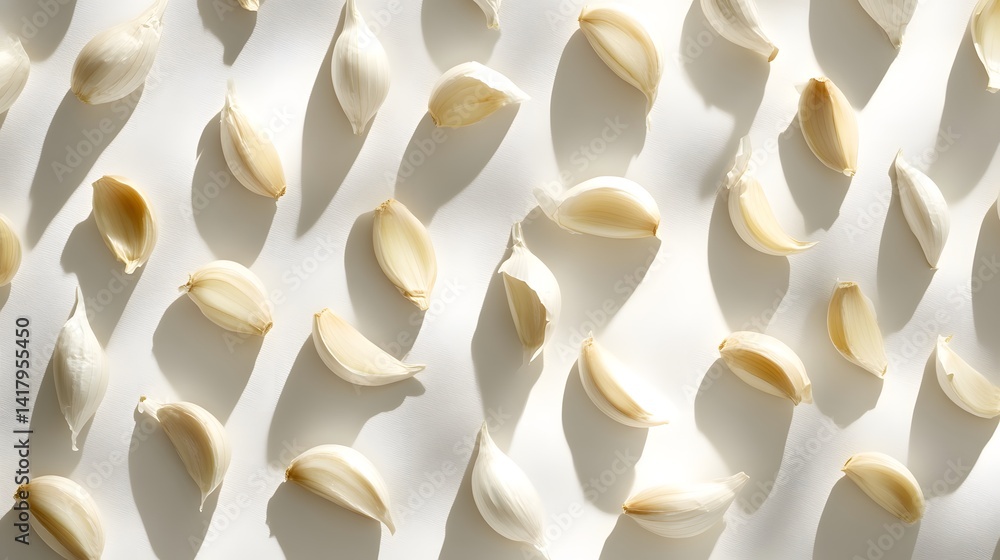 Poster overhead shot of numerous garlic cloves scattered on a white background, illuminated by sunlight cre