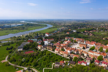 Naklejka premium Summer skyline cityscape of Sandomierz, Świętokrzyskie, Poland. Wide panoramic aerial view of the old town