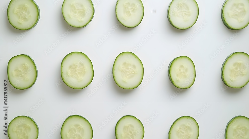 Poster overhead shot of fifteen cucumber slices arranged in a grid pattern on a white background. fresh, gr