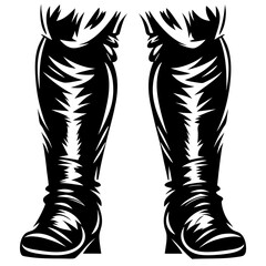 Two black military boots in a stark graphic design standing together