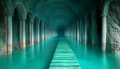 Fototapeta premium Subterranean water tunnel teal pathway
