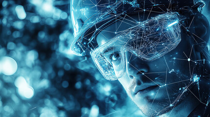 Augmented reality worker wearing digital glasses for industry 4.0 concept