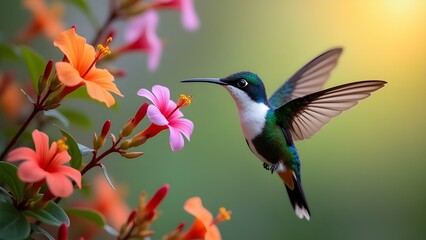 Fototapeta premium White-necked Jacobin Hovering Near Flowers, HD Iridescent Blue and Green Hummingbird