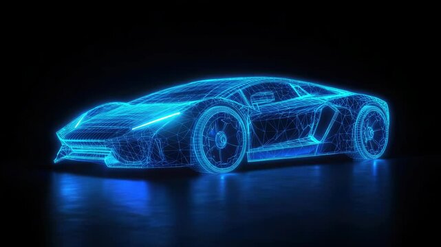 Wireframe hologram of an electric sports car, glowing with blue light against the dark background. futuristic polygonal model vehicle holograms. auto ai smart. Low-poly line design. 