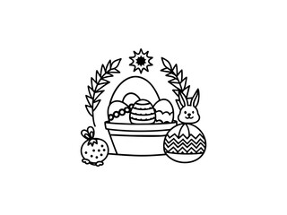 A simple, black and white line art illustration of an Easter basket filled with decorated eggs, with a stylized Easter bunny figure.